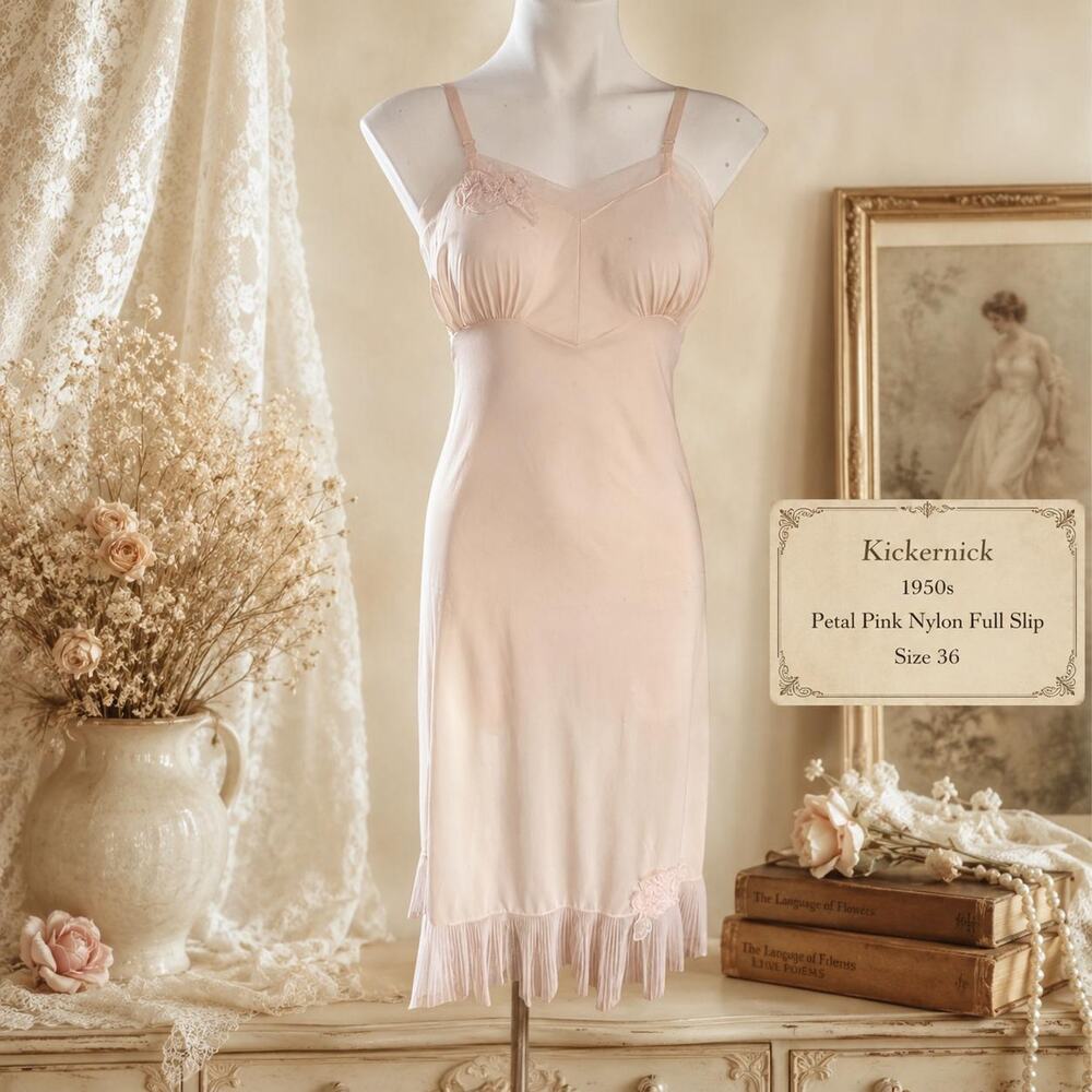 Vintage Kickernick Petal Pink Nylon Full Slip 1950s Rose Lace Pleated Hem Sz 36